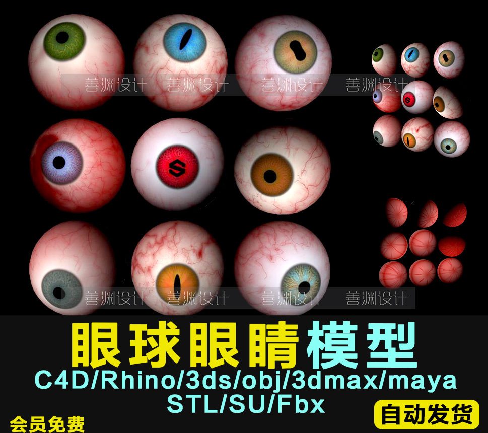 眼球眼睛3D模型C4D/犀牛Rhino/OBJ/3ds/maya/FBX/SU/STL带贴图