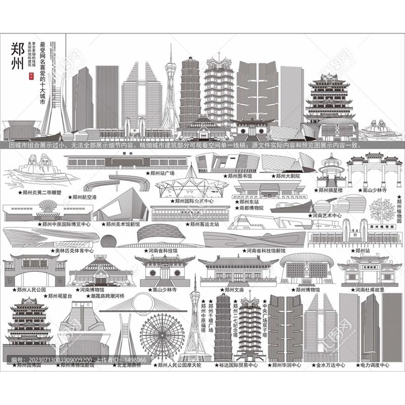 D653郑州AI矢量地标旅游建筑海报设计线稿城市剪影手绘插画