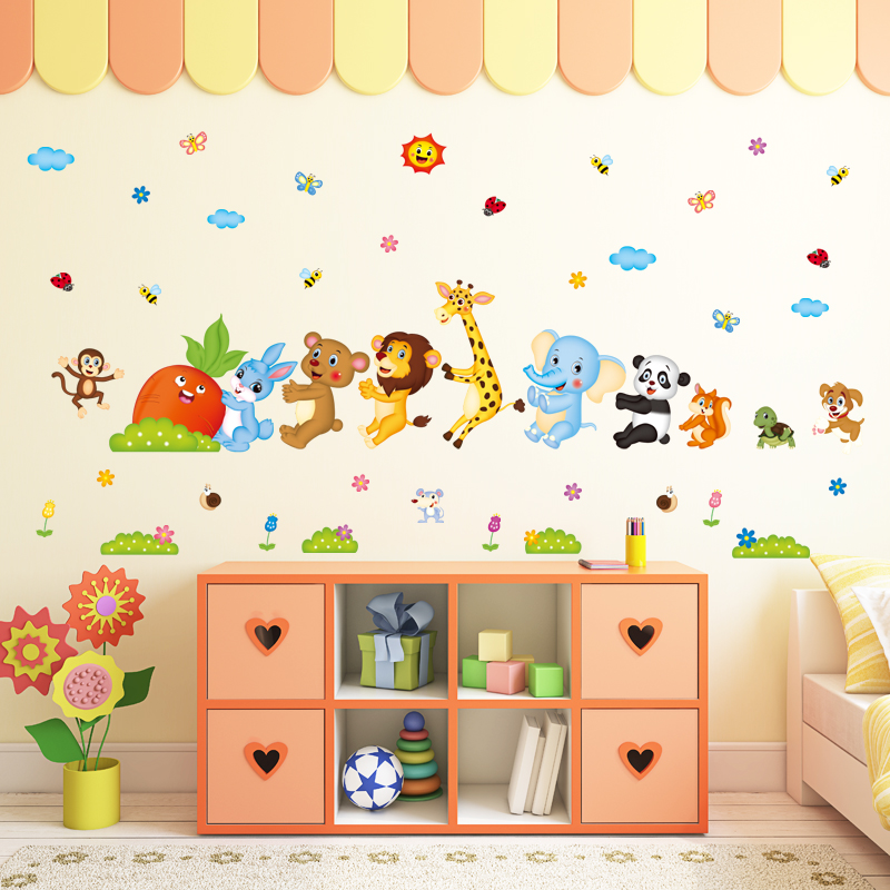幼儿园墙贴画卡通贴纸动物拔萝卜墙上装饰儿童房卧室布置墙纸自粘