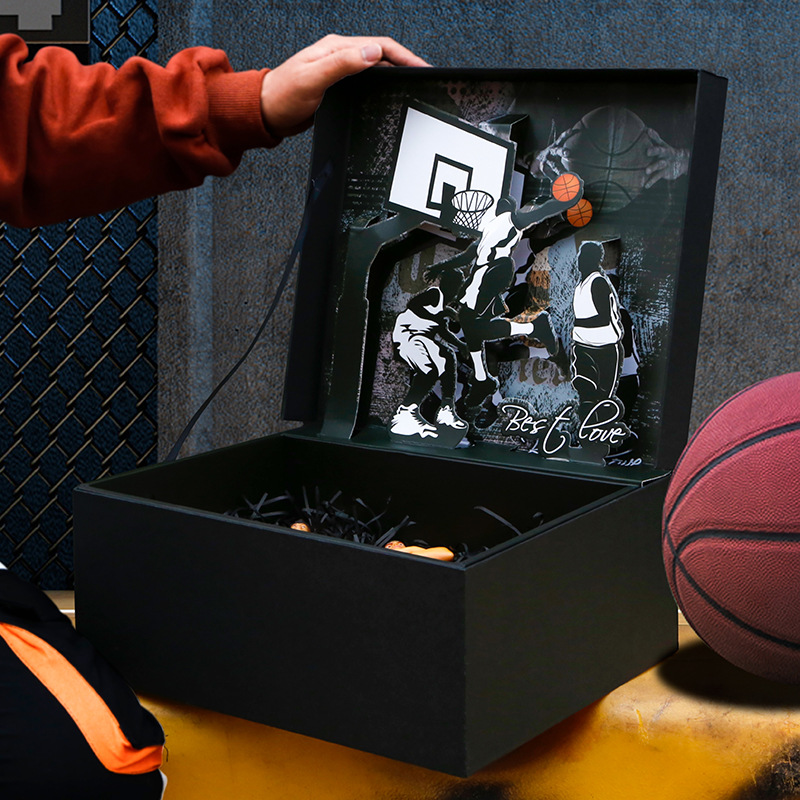 精美时尚翻盖式篮球黑色立体礼盒送男友AJ球鞋动漫手办礼品包装盒