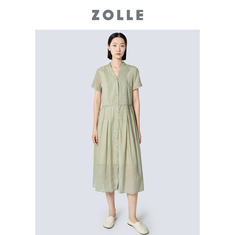 ZOLLE因为春夏新款V领打条短袖连衣裙女连衣裙