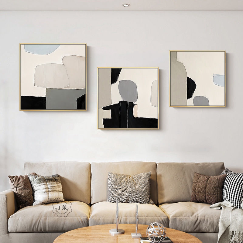 现代简约客厅装饰画创意抽象拼接茶室挂画民宿玄关米色正方形壁画