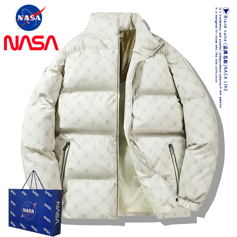 NASA黑金羽绒棉服男士冬季新款满印加厚立领面包服棉衣棉袄外套潮