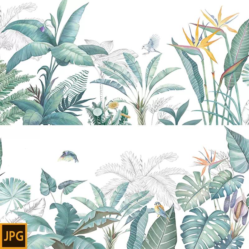 热带雨林棕榈叶椰子树芭蕉树手绘小清新装饰画背景墙壁纸素材图片