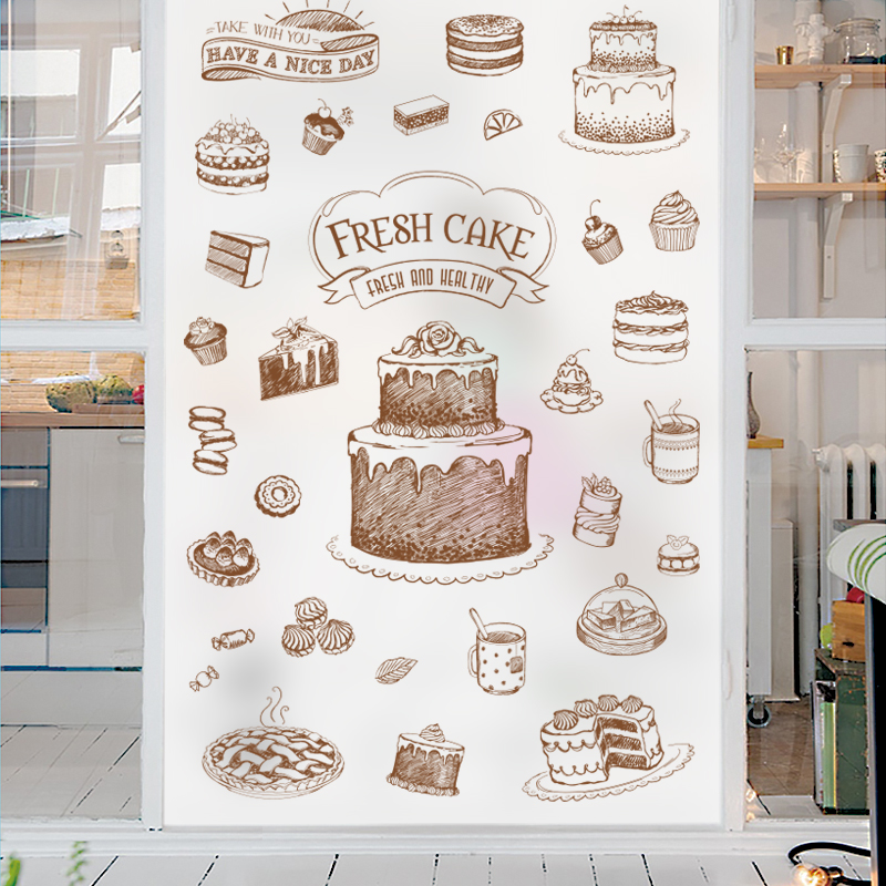 创意手绘蛋糕坊甜品烘焙面包西饼屋店铺橱窗双开门UV磨砂玻璃贴膜