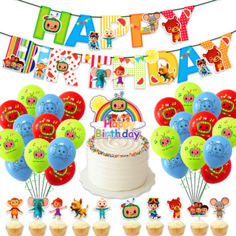 cocomelon主题纸质拉旗气球蛋糕插套装 动画儿童生日派对装饰用品