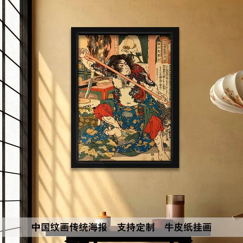 热卖水浒传人物装饰画挂画老传统日式纹身店装饰画带框海报壁画挂