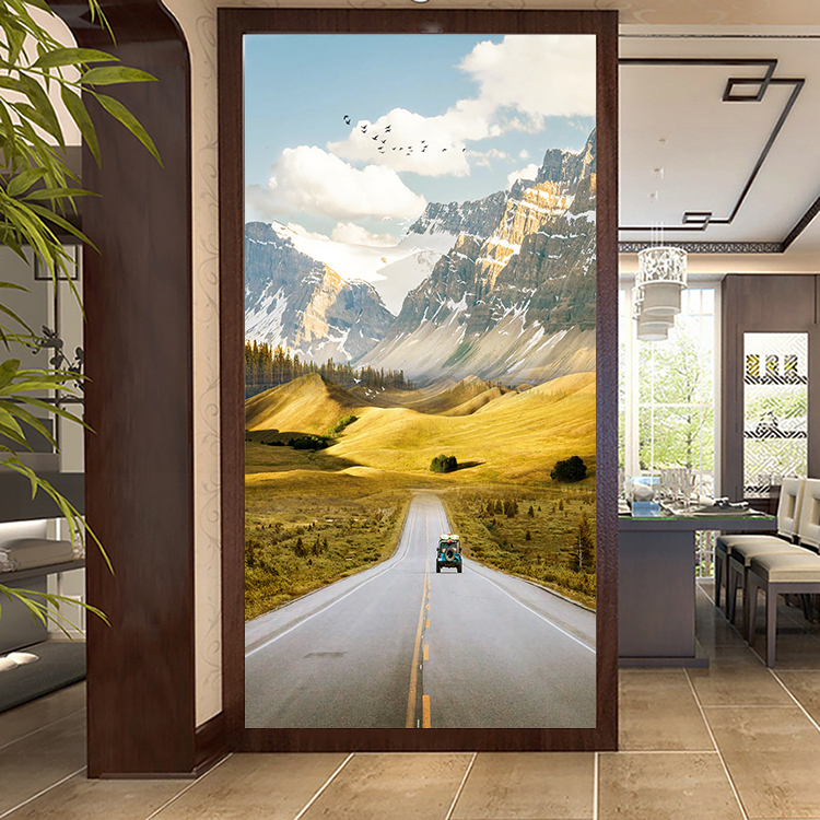 新中式新疆风景玄关装饰画一条大路高峰山脉客厅过道走廊壁画自粘