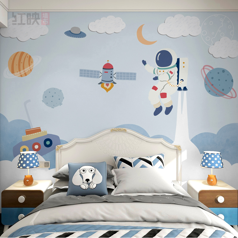 儿童房壁纸男孩卧室墙面装饰卡通墙布太空星球主题墙纸壁画壁布