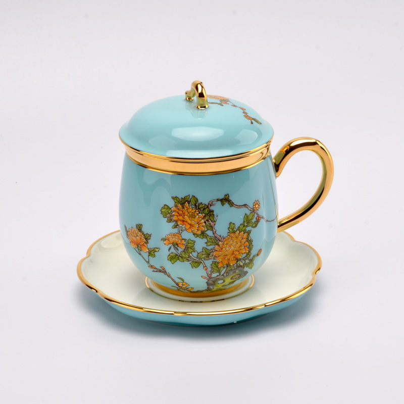夫人瓷永丰源陶瓷正品280ml4件套茶杯带盖茶漏有杯碟礼盒