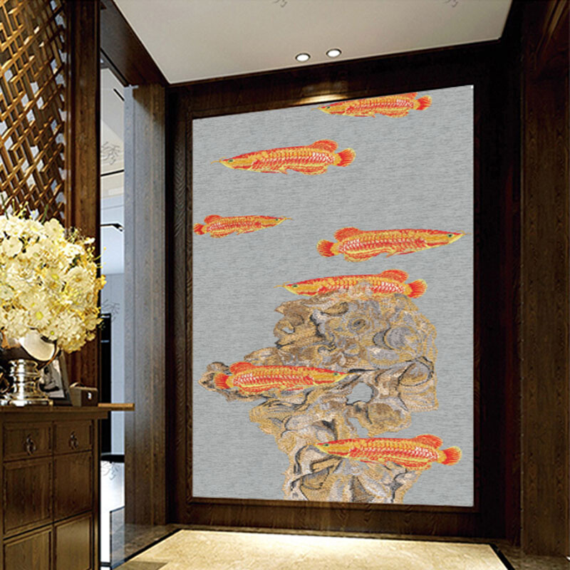 新新款客厅有图案整副无缝墙布素色中式玄关刺绣壁布背景富贵龙鱼