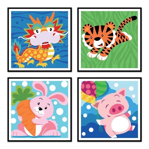 六一儿童节diy数字油画小卡通动物简单手绘填充涂色生肖虎龙蛇狗