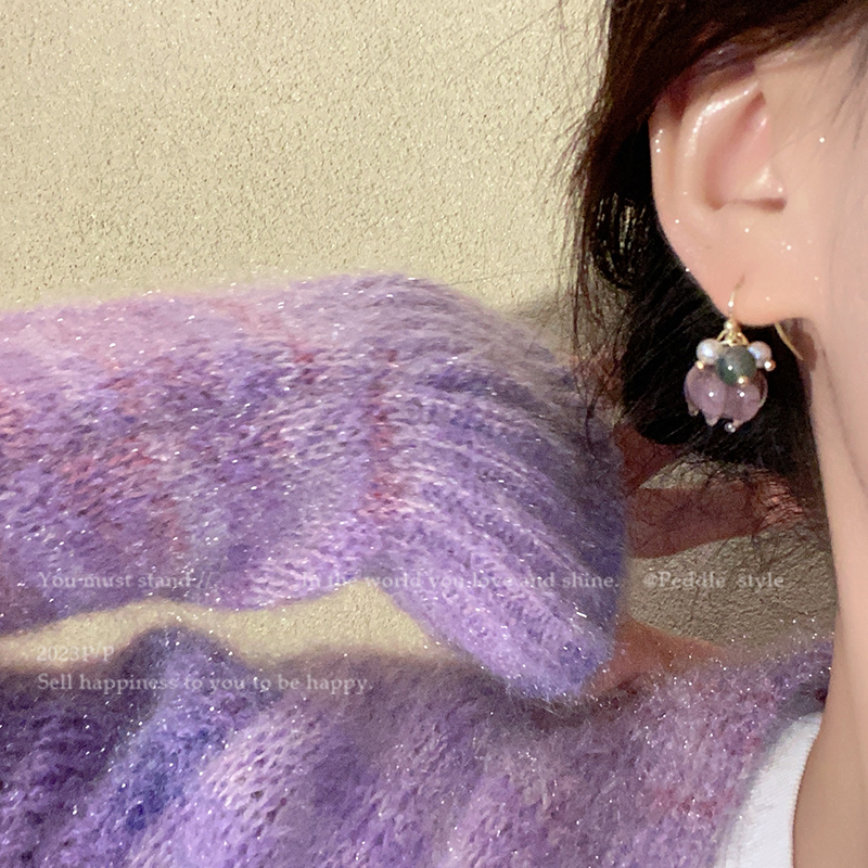 Peddle 紫色琉璃花朵珍珠耳环2024新款爆款耳钉高级感耳坠耳饰女