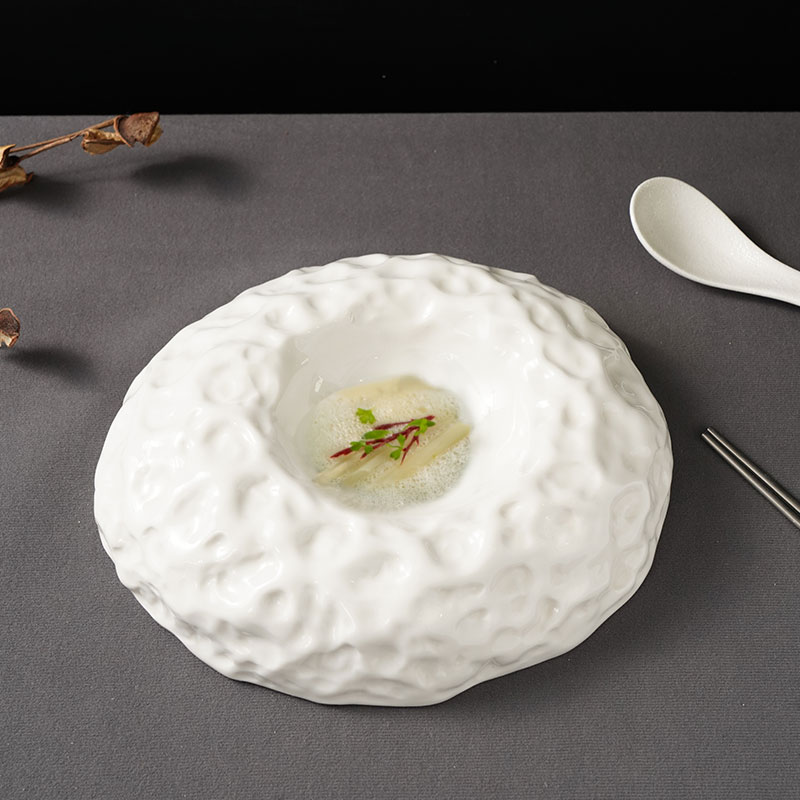 餐厅创意陶瓷异形白色双层保温核桃碗纯色位上汤碗个性冷菜椭圆碗