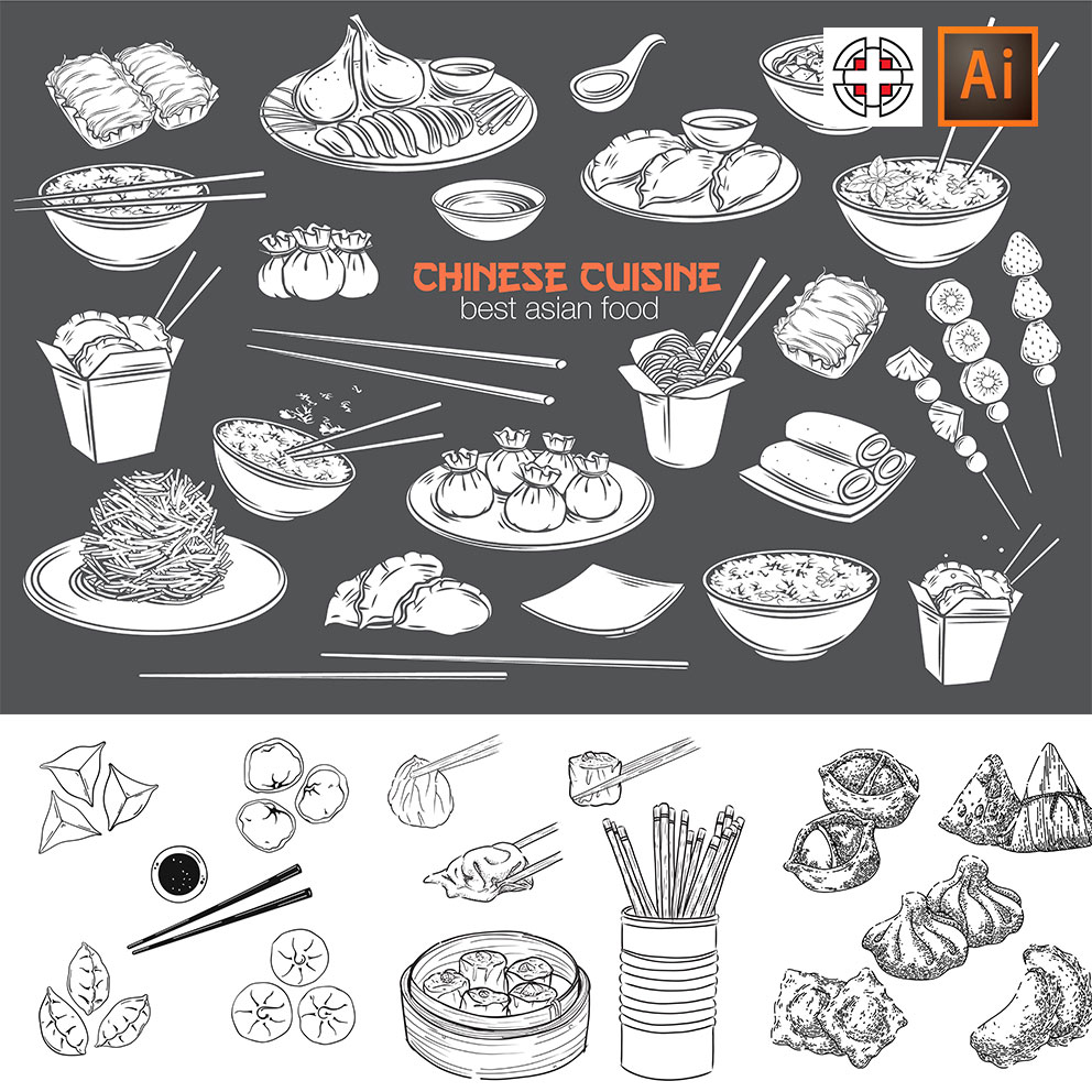 包子饺子小笼包烧卖筷子面条烤串手绘素描草图插画AI矢量设计素材