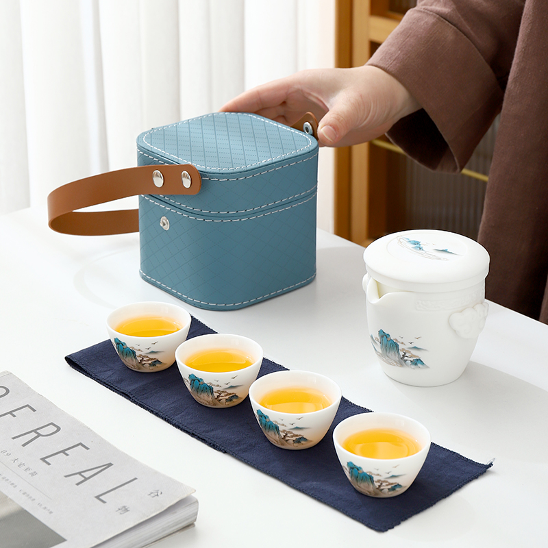 素烧羊脂玉瓷旅行茶具套装便携简约陶瓷快客杯一壶四杯户外泡茶器