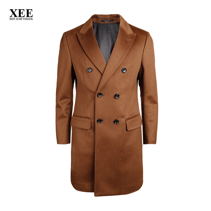 XEE商场同款 冬季新款男士深咖色西装领双排扣中长款羊毛大衣