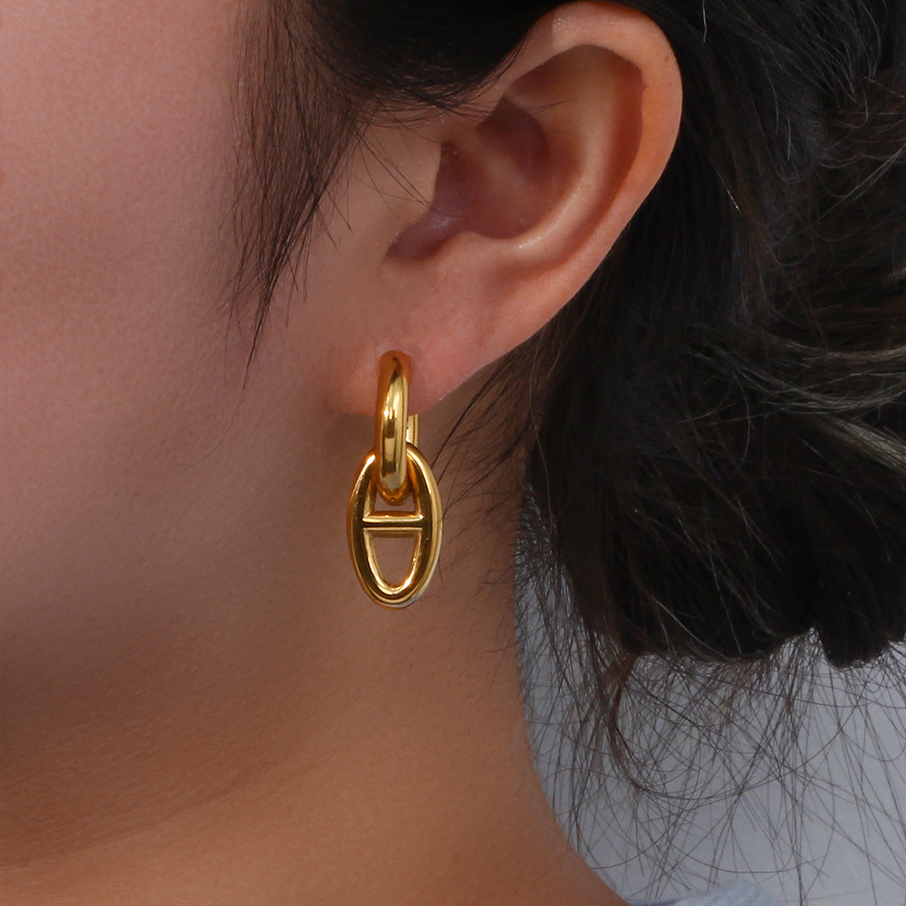 欧美ins个性时尚简约耳环 小众设计钛钢18K金猪鼻子吊坠金色耳圈