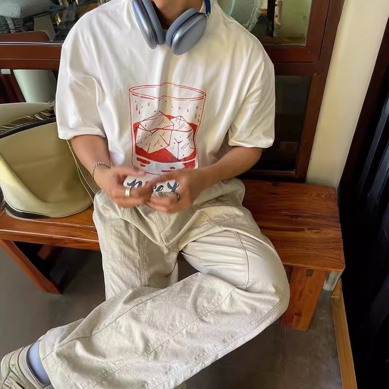 BOY GO感官时代夏季美式复古冰块卡通印花短袖宽松休闲圆领T恤