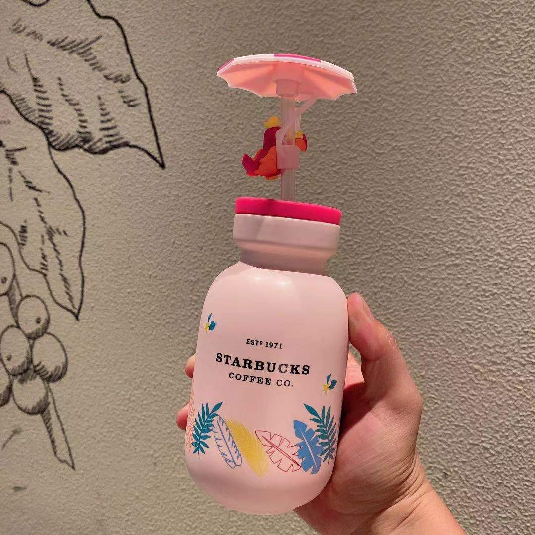 星巴克2021夏 430ml大嘴鸟款粉色奶瓶造型陶瓷吸管杯含吸管塞水杯