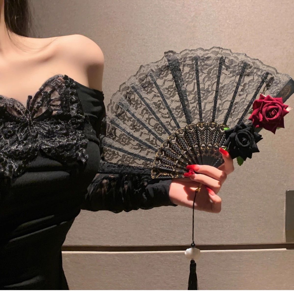新中式蕾丝玫瑰花扇子古风折扇复古中国风旗袍lolita漫展cos配饰