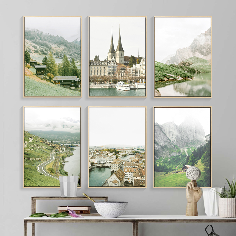 瑞士装饰画客厅沙发背景墙卧室玄关壁画欧洲城市摄影乡村风景挂画