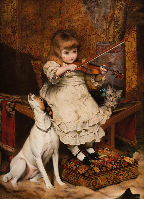 装饰画儿童房挂画小提琴女孩与宠物狗油画墙画壁画 画芯喷绘G15