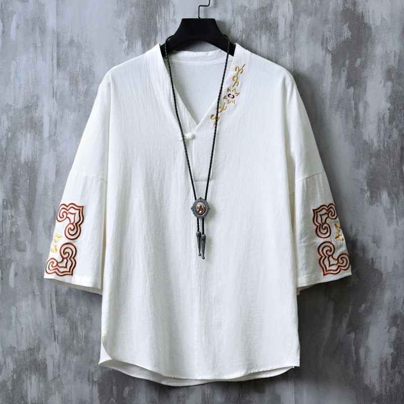 夏季刺绣棉麻短袖汉服男中式改良现代唐装七分袖中国风大码潮