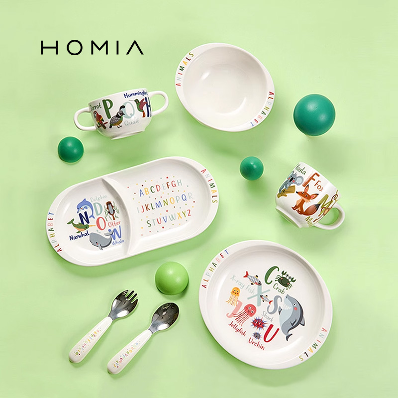 HOMIA可爱动物卡通釉下彩陶瓷儿童餐具套装宝宝专用吃饭碗碟盘子