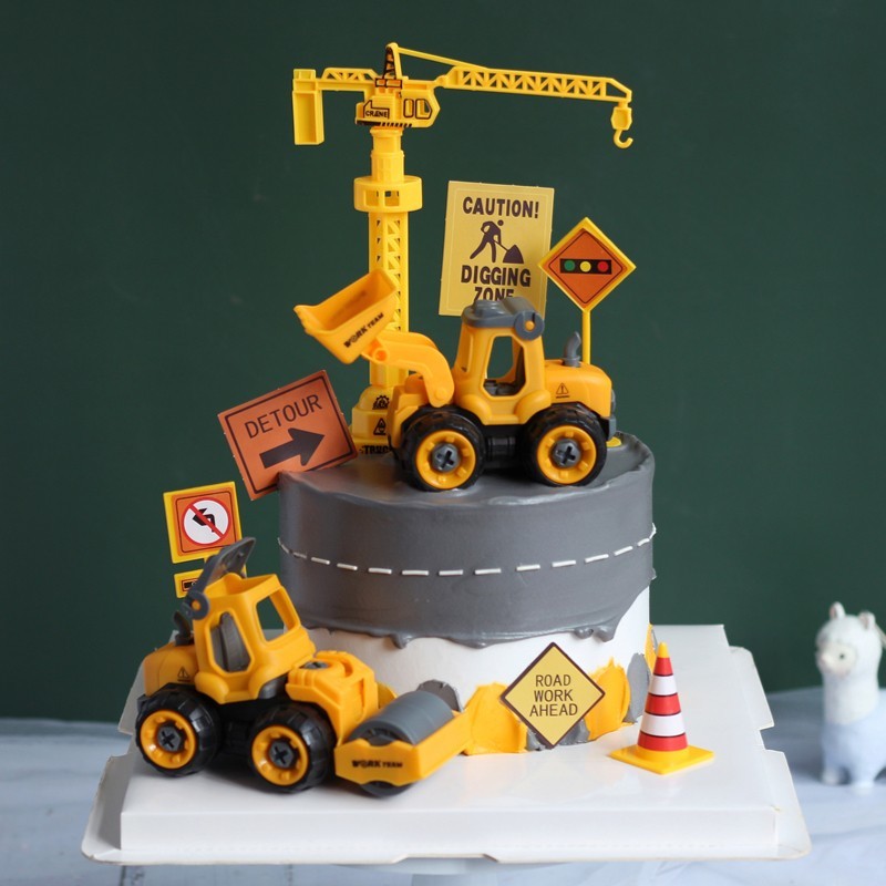 工程车蛋糕装饰摆件挖土机推土机儿童周岁卡通生日甜品台烘焙插件