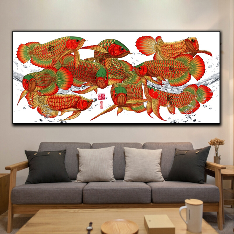九龙客厅装饰画观赏鱼壁画印刷平面油画玄关过道现代简约龙鱼图案