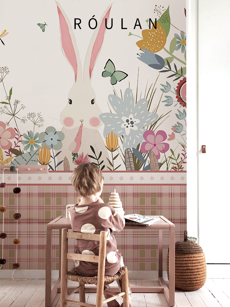 北欧风格兔子卡通可爱儿童房壁纸粉色女孩卧室背景墙纸无纺布墙布