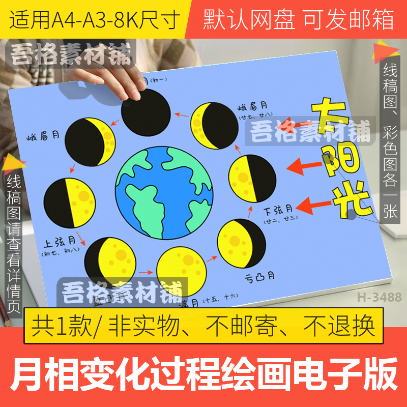 月相变化过程图儿童绘画模板电子版中秋节观察月亮变化规律线描稿