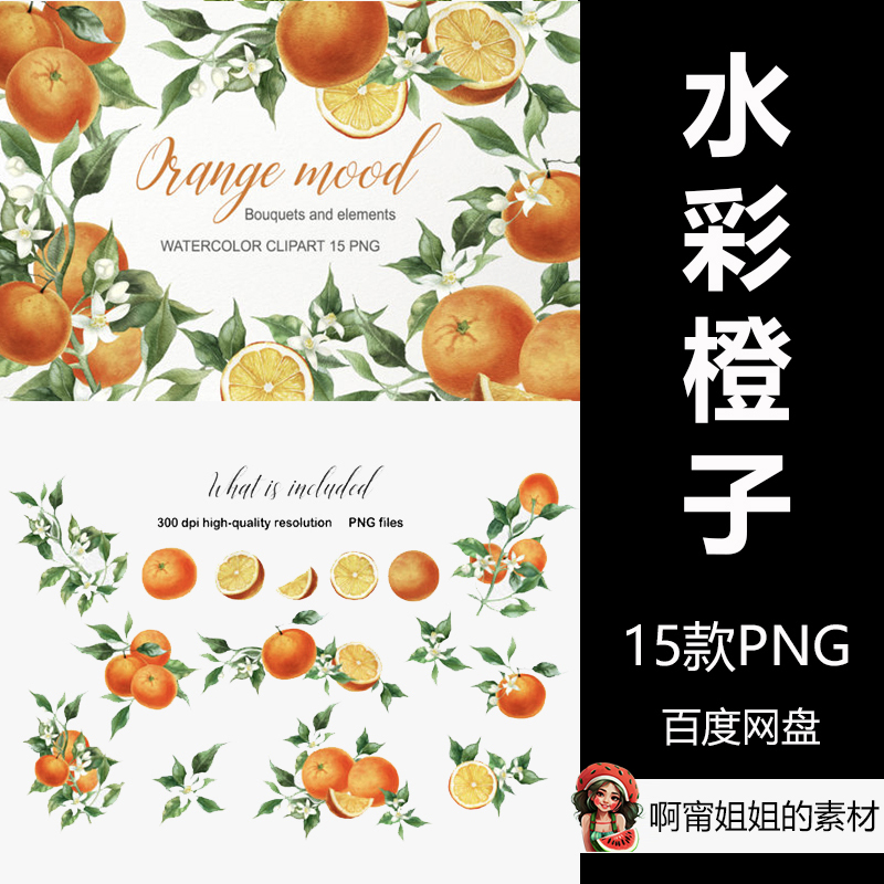 水彩橙子剪贴画水果插画贺卡广告PNG设计素材放大高清新品