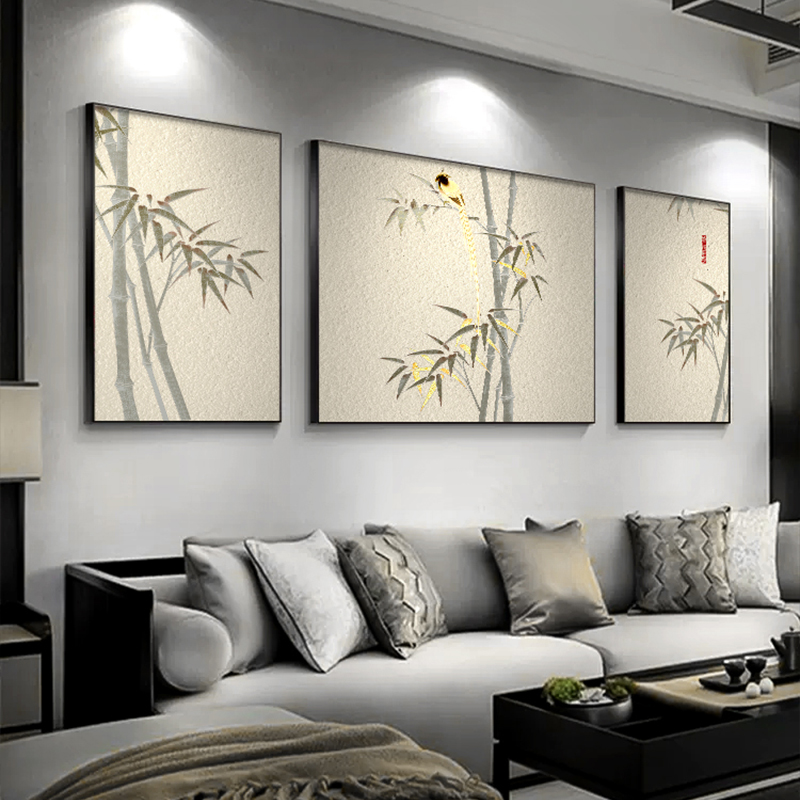 新中式竹子客厅挂画肌理感沙发背景墙装饰画现代简约花鸟三联壁画