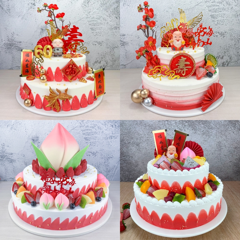 新款网红创意双层两层祝寿寿桃老人过寿水果仿真蛋糕模型定制样品