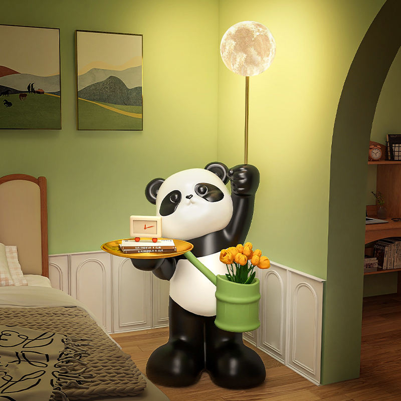 熊猫儿童床头柜带灯卧室一体床边置物架创意卡通小边几奶油风茶几