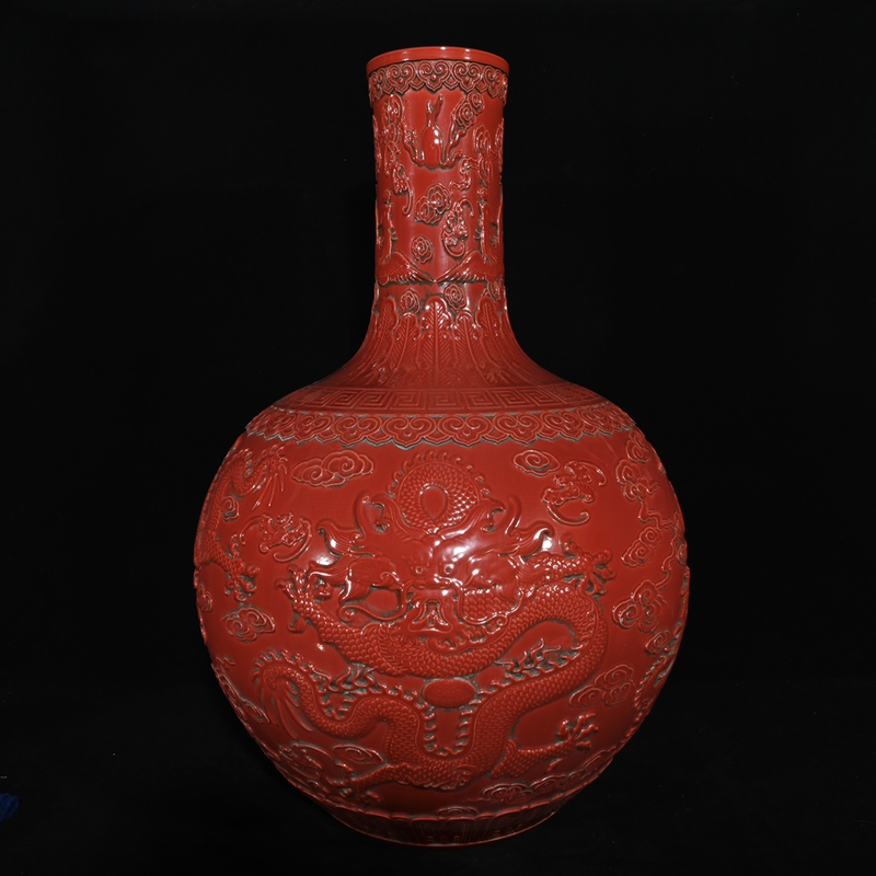 清乾隆红釉浮雕龙纹天球瓶 古董古玩古瓷器收藏