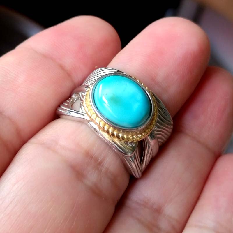 原矿绿松石戒指指环手工DIY 作品高瓷高蓝925纯银镶嵌圈口可调