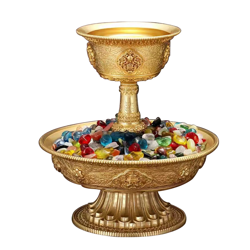 西藏护法杯纯铜居家摆件用品八吉祥浮雕图案糖果盘护法杯大号13cm