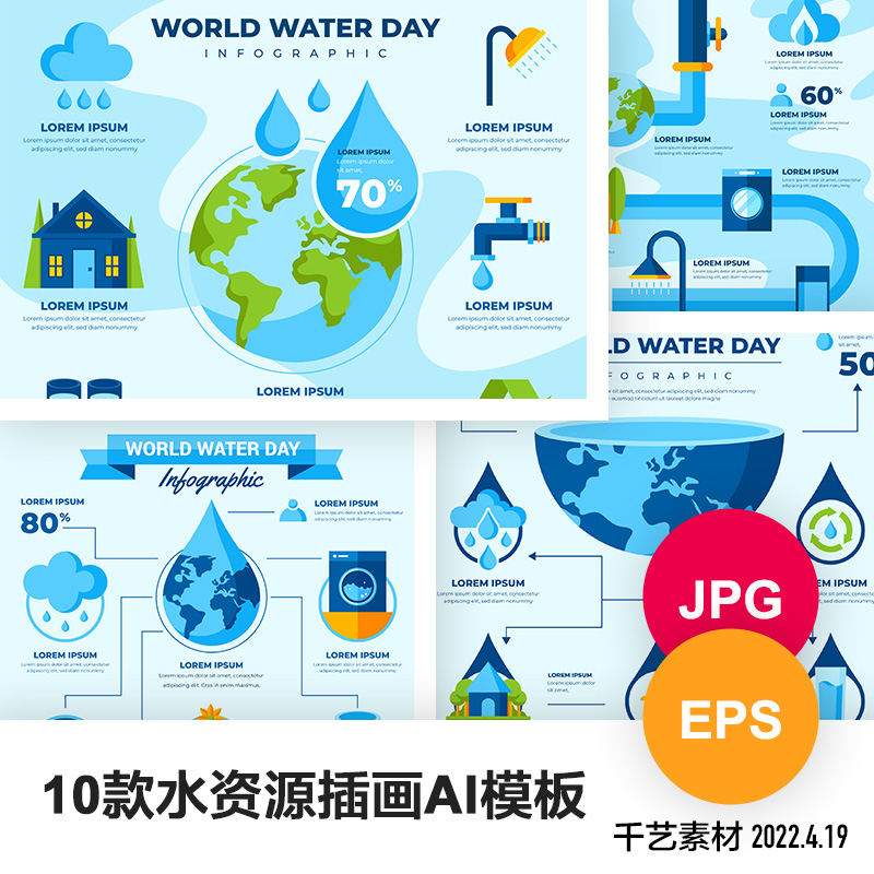 ai模板水资源数据环保护卡通插画水滴环境海报展板模版素材下载