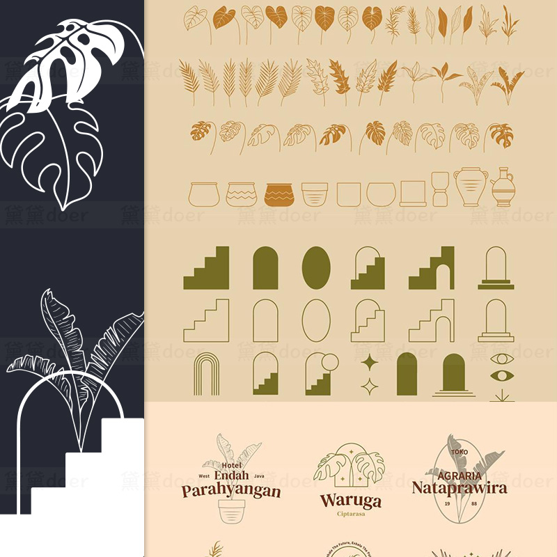 复古风植物树叶和花瓶手绘线条几何线性AI+EPS矢量插画设计素材