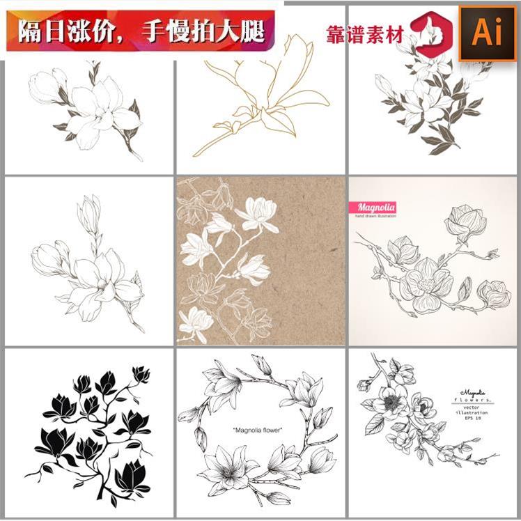 中国风黑白简约线条白描素描矢量花朵鲜花花枝玉兰花设计素材