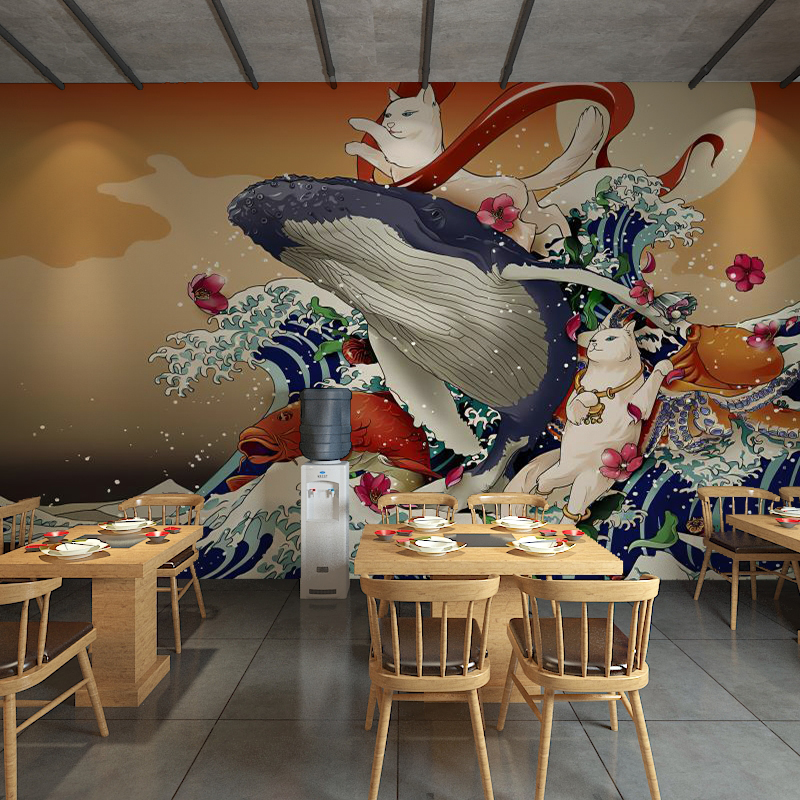 鲸鱼滕浪日式风格壁画日本料理寿司店海浪浮世绘和风墙纸壁纸墙布
