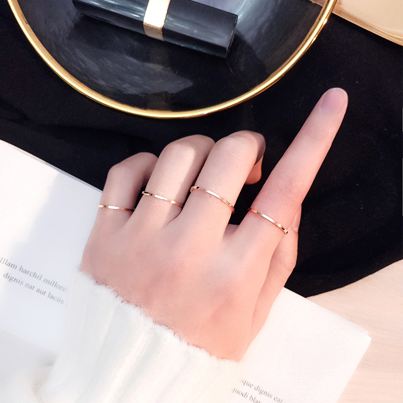 韩版彩金细戒指钛钢关节女素圈简约小款超细个性玫瑰金戒指女18k