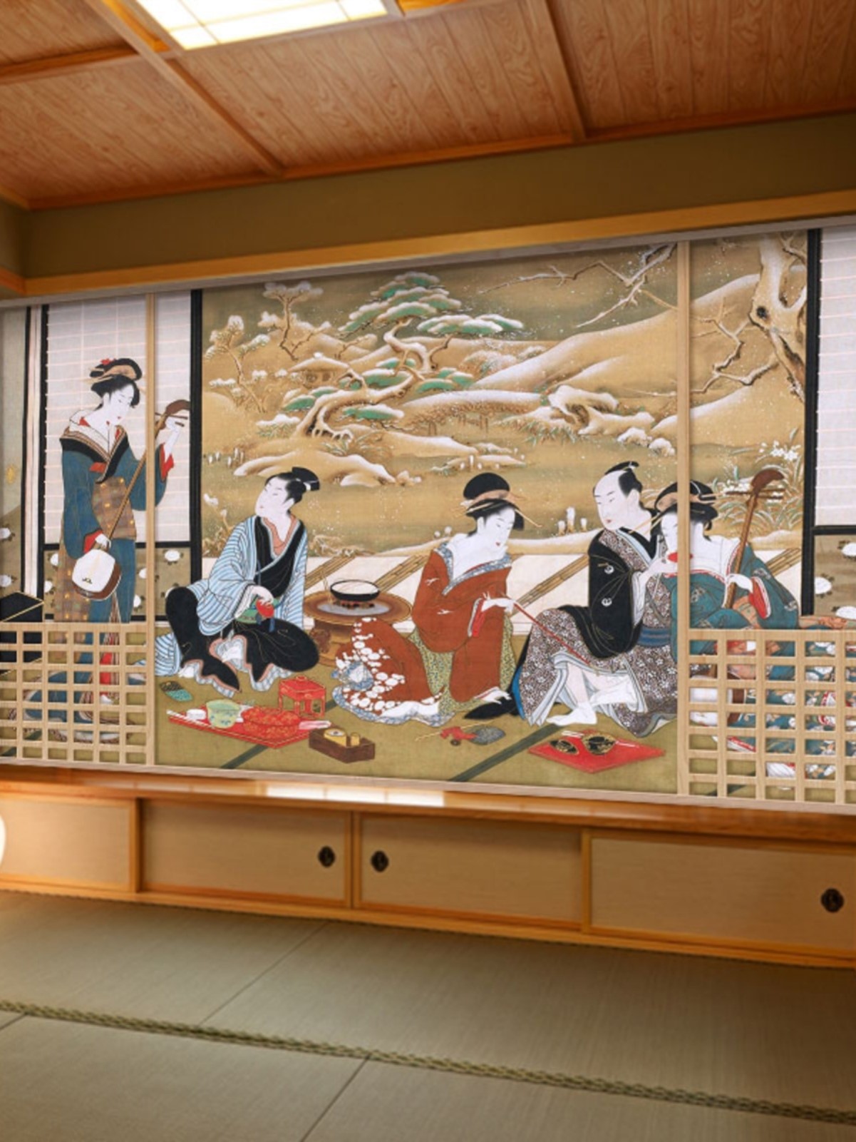 日式风格墙布日本寿司店浮世绘和风壁纸仕女图壁画居酒屋装修墙纸