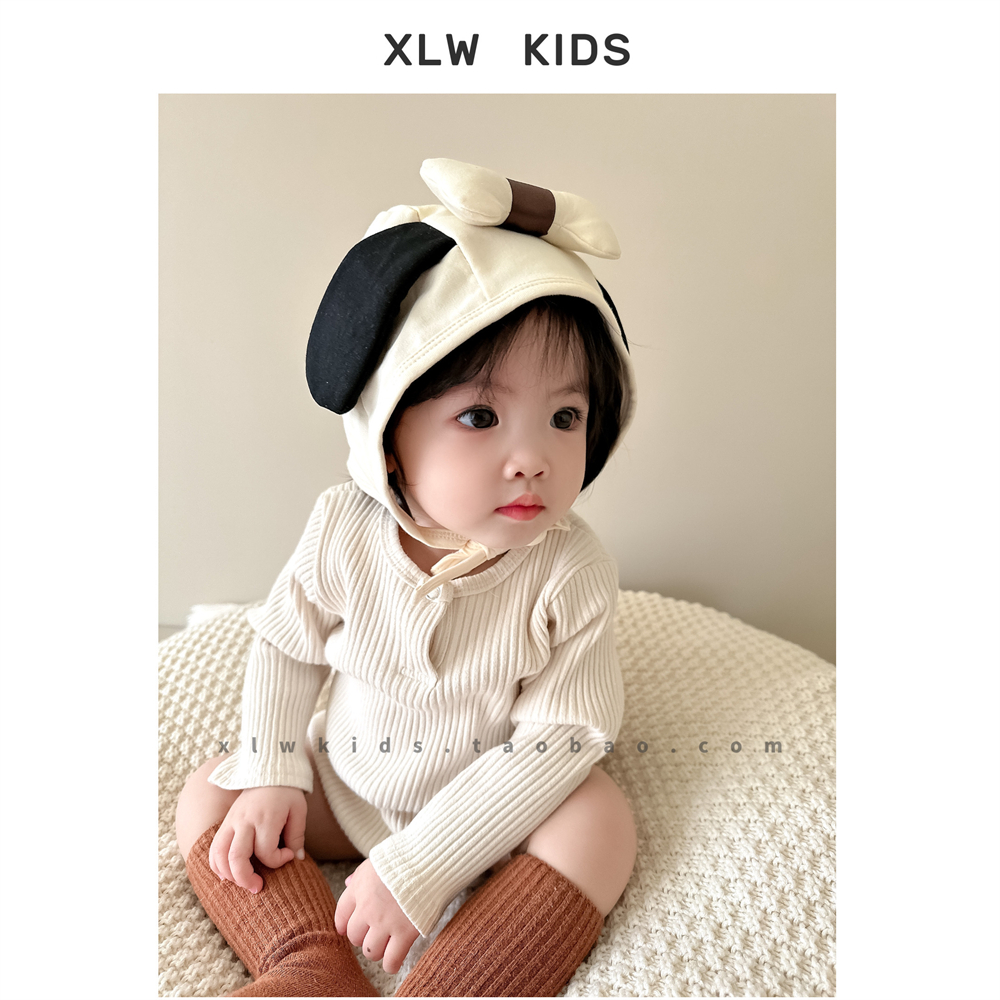可爱小狗骨头韩版宝宝胎帽秋季保暖新生儿长耳朵系带帽婴儿护耳帽
