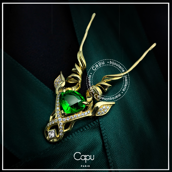 Capu羚羊 角斗士系列- 原创珠宝设计18K金鹿角克拉沙弗莱胸针男女