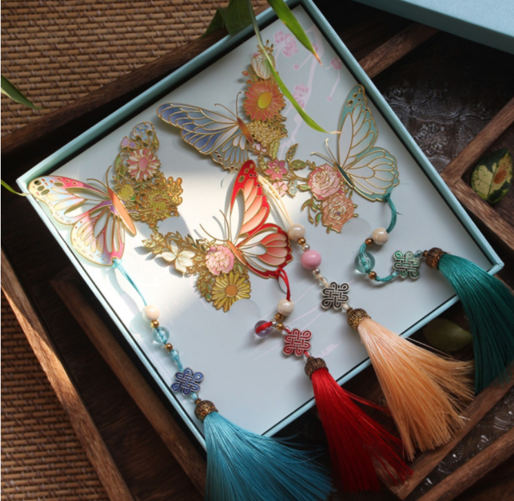 定做四色彩色蝴蝶与花金属黄铜流苏书签中国古典琵琶唯美创意古风
