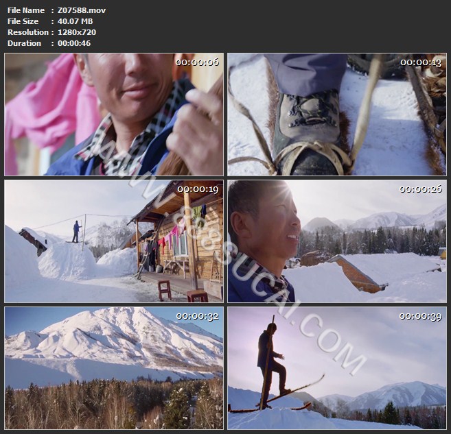 禾木乡雪村村民穿好自制滑雪板眺望远方雪山高清实拍视频素材